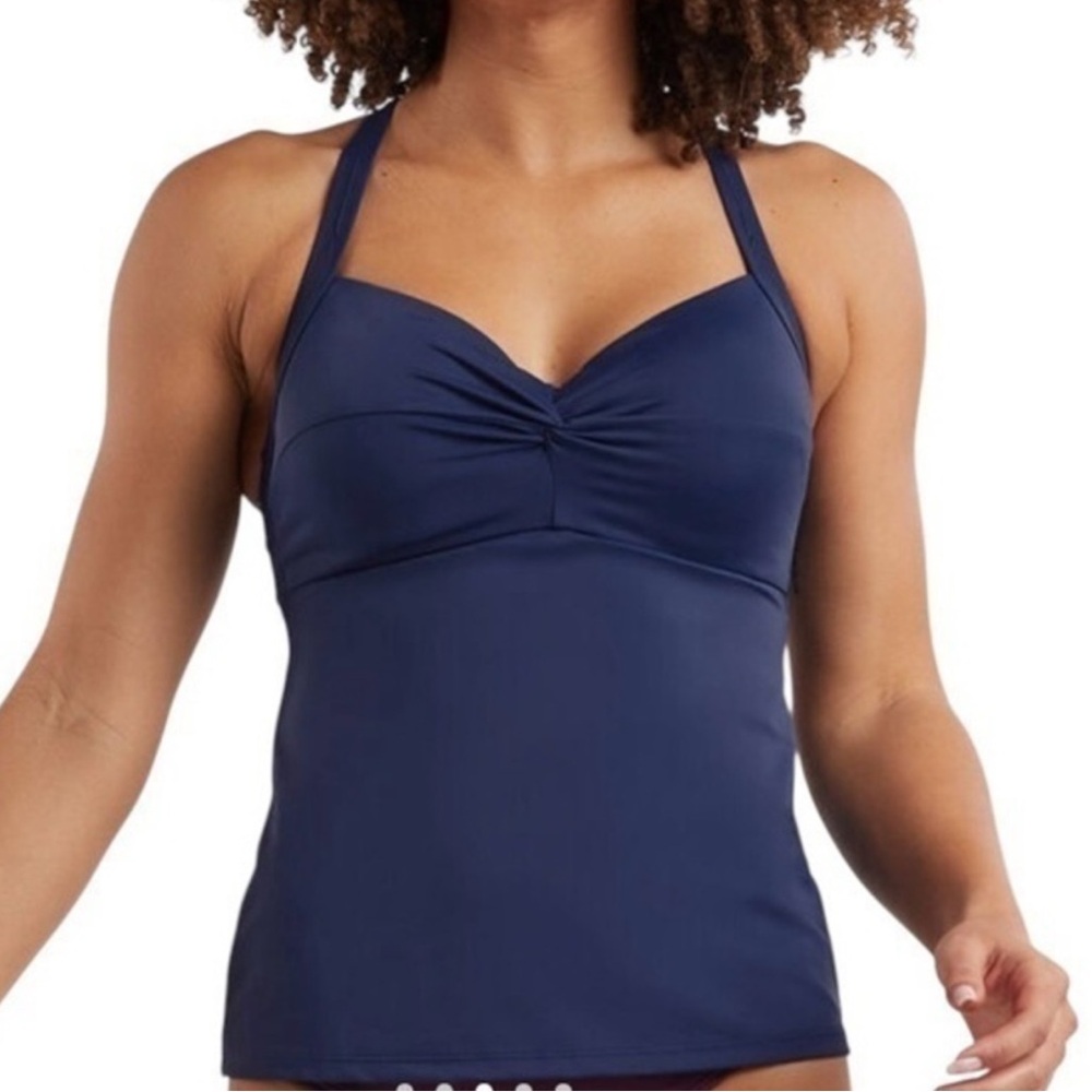 TITLE NINE 38DDD Pele Tankini Swimsuit Top Padded Underwire Blue Twist Front T9